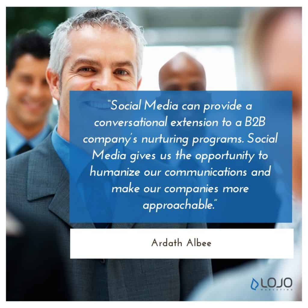 A quote from Ardath Albee | A Featured Image from LOJO Marketing's article, "How Is Social Media Part of My Business Branding?"