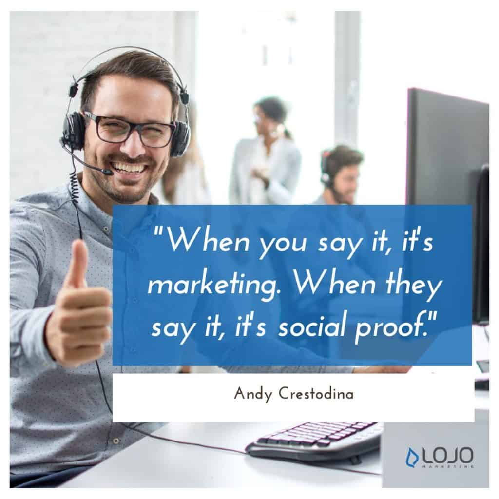 A quote from Andy Crestodina | A Featured Image from LOJO Marketing's article, "How Is Social Media Part of My Business Branding?"