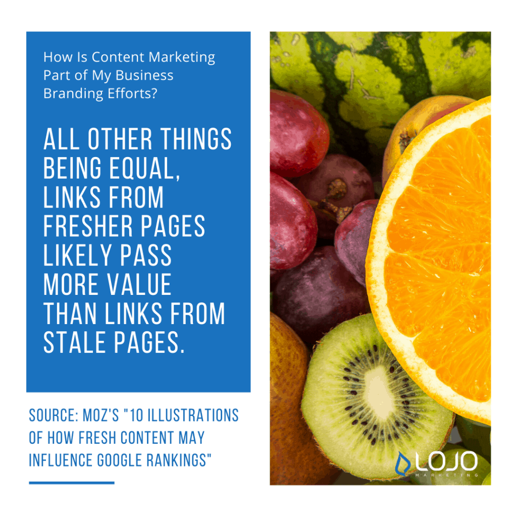 A quote from MOZ.com | A featured image from "How Is Content Marketing Part of My Business Branding Efforts?" by LOJO Marketing