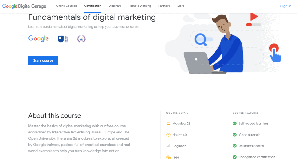 A screenshot of Google Digital Garage | A featured image from LOJO Marketing's article "Google Digital Garage: What Is It? (And Why Should I Check It Out?)"