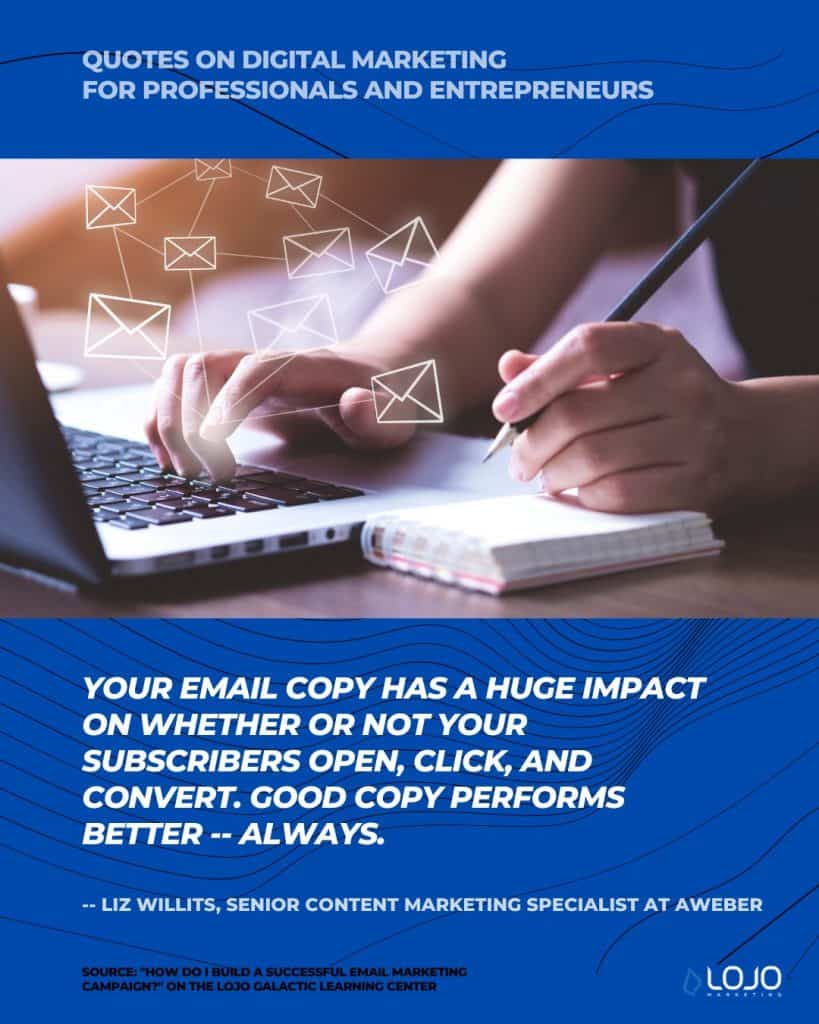 A quote on email marketing from Liz Willits, Senior Content Marketing Specialist at AWeber | a featured image from "How Do I Build a Successful Email Marketing Campaign?", an article from LOJO Marketing.
