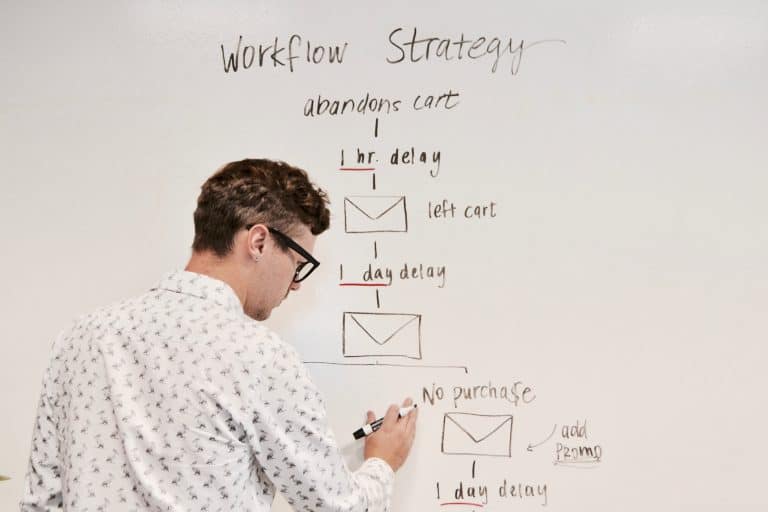 man designing a workflow strategy on the whiteboard